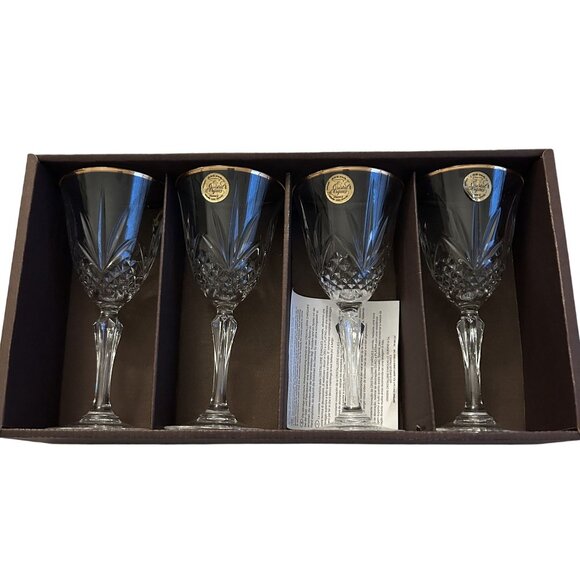 Set Of 4 Crystal Salzburg Gold Rim Wine Glasses By Cristal DArques - Picture 1 of 3